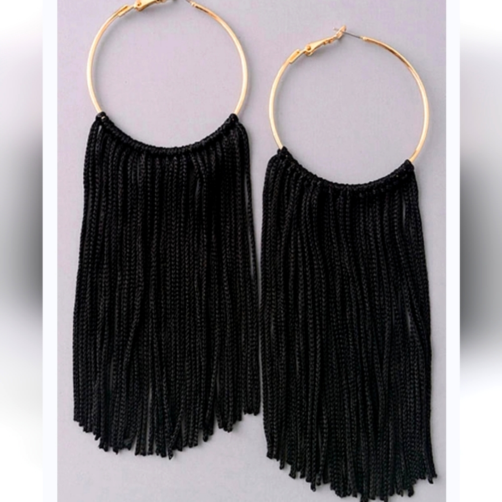ELONGATED BLACK FRINGE GOLD HOOP EARRINGS